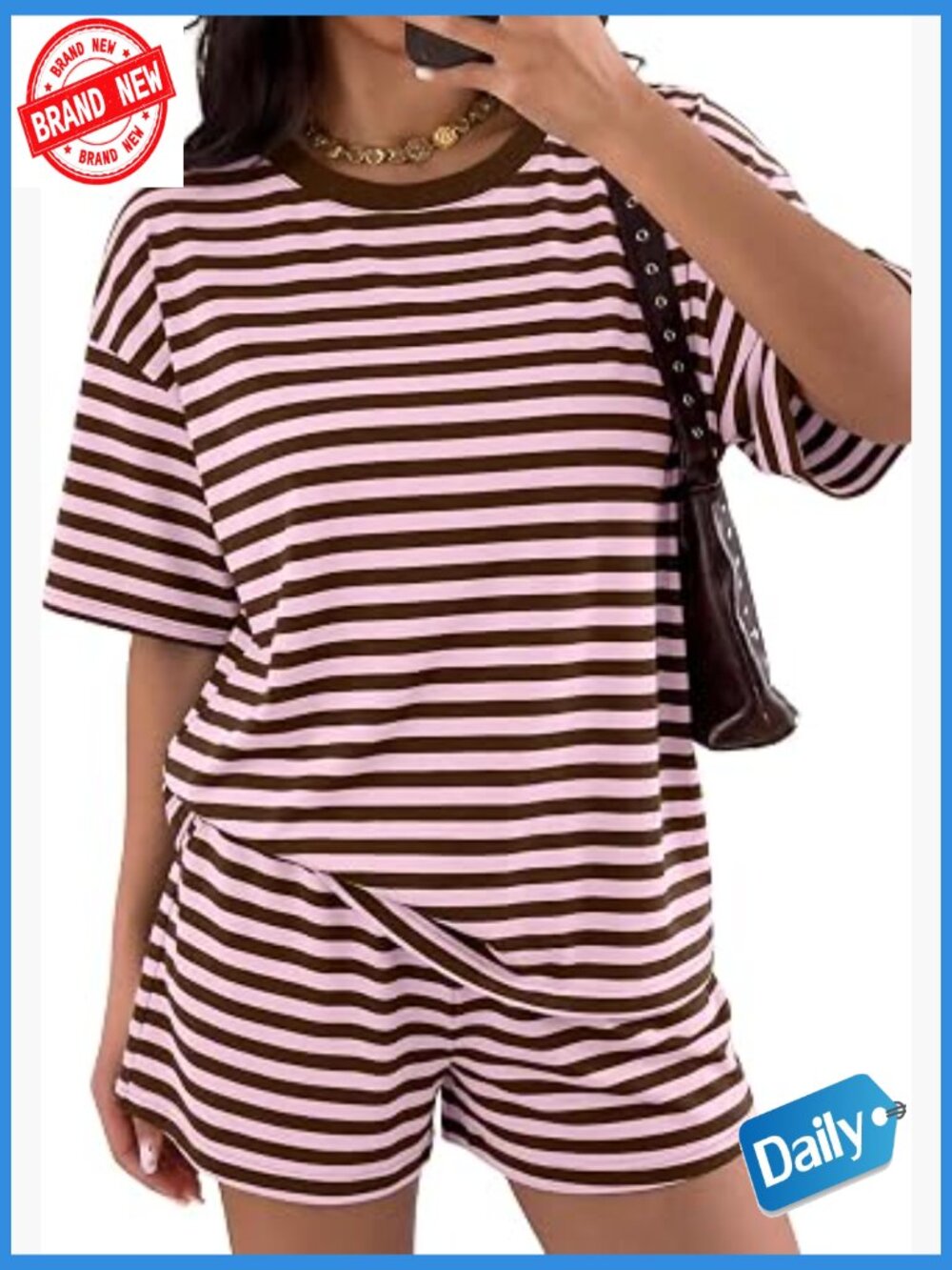 Oversized Two Piece Lounge Set Striped Tee and Shorts Summer Outfit
